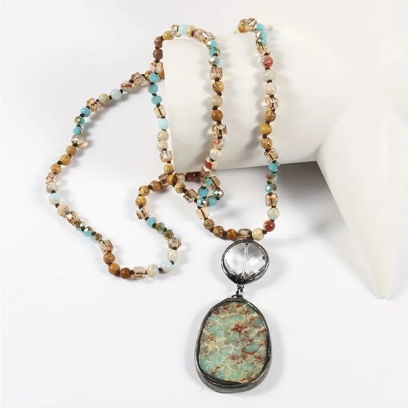 Jewelry - Blue Boho Natural Stone Glass Knot Necklace